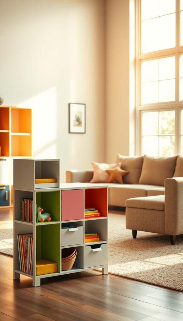 A cozy, well-lit living room setting featuring a multi-functional kids' furniture piece with ample storage. In the foreground, a sleek, modular storage unit with colorful cubbies, shelves, and drawers, designed to house toys, books, and other children's essentials. The unit is positioned at an angle, creating a dynamic composition. In the middle ground, a comfortable, plush sectional sofa in a neutral tone, inviting families to relax and play. The background showcases warm, natural lighting filtering through large windows, casting a soft glow and highlighting the functional, yet stylish design of the furniture. The overall scene radiates a sense of organization, functionality, and a welcoming atmosphere for family living.