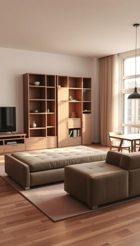 A cozy, well-lit living room showcases a range of multifunctional furniture perfect for small spaces. In the foreground, a sleek convertible sofa-bed with clean lines and plush upholstery effortlessly transforms to accommodate overnight guests. Nearby, a compact entertainment unit with hidden storage compartments and a foldable desk surface optimizes limited floor space. The middle ground features a modular shelving system with adjustable compartments, allowing for personalized organization. Warm, natural lighting filters through large windows, creating a tranquil atmosphere. In the background, a space-saving dining table with extendable sides blends seamlessly with the room's minimalist aesthetic. The overall scene exudes a sense of efficiency, comfort, and thoughtful design tailored for compact living.