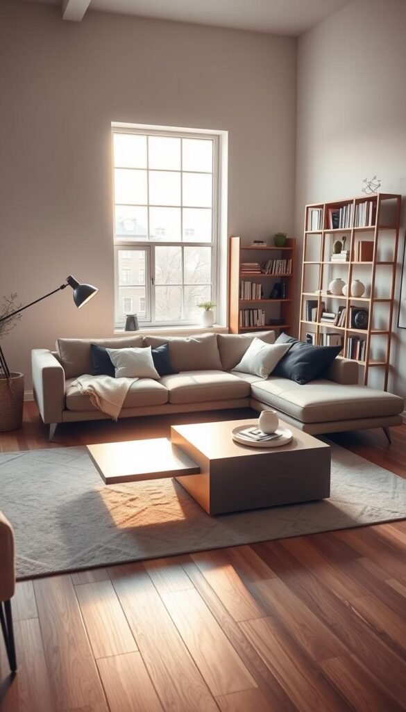 A cozy, well-lit living room with a versatile, transformable sofa that seamlessly converts into a sleek daybed. The sofa's clean lines and neutral tone blend harmoniously with the minimalist, Scandinavian-inspired decor. Warm, diffused lighting from a large window bathes the space, casting a soft glow on the modular coffee table that can be rearranged to suit different needs. In the background, a tall, adjustable bookshelf displays neatly organized books and decorative objects, adding depth and visual interest to the scene. The overall atmosphere is one of functionality, sophistication, and adaptability - a living room that effortlessly transforms to meet the ever-changing needs of modern living.