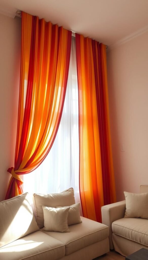 A cozy, well-lit living room with neutral-toned walls and plush furniture. Vibrant, multicolored curtains cascade gracefully from the ceiling, adding a bold, artistic flair to the space. The curtains feature a mix of warm hues, including rich reds, deep oranges, and vibrant yellows, creating a visually striking and inviting atmosphere. Soft, diffused lighting filters through the curtains, casting a gentle glow throughout the room. The curtains are draped in a casual, relaxed manner, adding a sense of effortless elegance to the space. The overall composition captures the essence of a neutral living room design elevated by the addition of colorful, statement-making curtains.