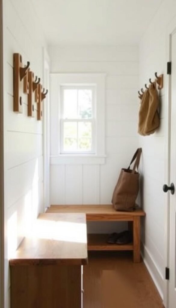 A cozy, well-lit mudroom nook with shaker-style pegs adorning the walls. The foreground features a row of wooden pegs, perfectly spaced and finished with a warm, natural tone. In the middle ground, a simple wooden bench sits beneath the pegs, offering a place to remove shoes and store bags. The background showcases clean, white shiplap walls, creating a bright and airy atmosphere. Soft, natural lighting filters in through a nearby window, casting a gentle glow over the entire scene. The overall impression is one of rustic charm and functional simplicity, perfectly suited for a welcoming farmhouse entryway.