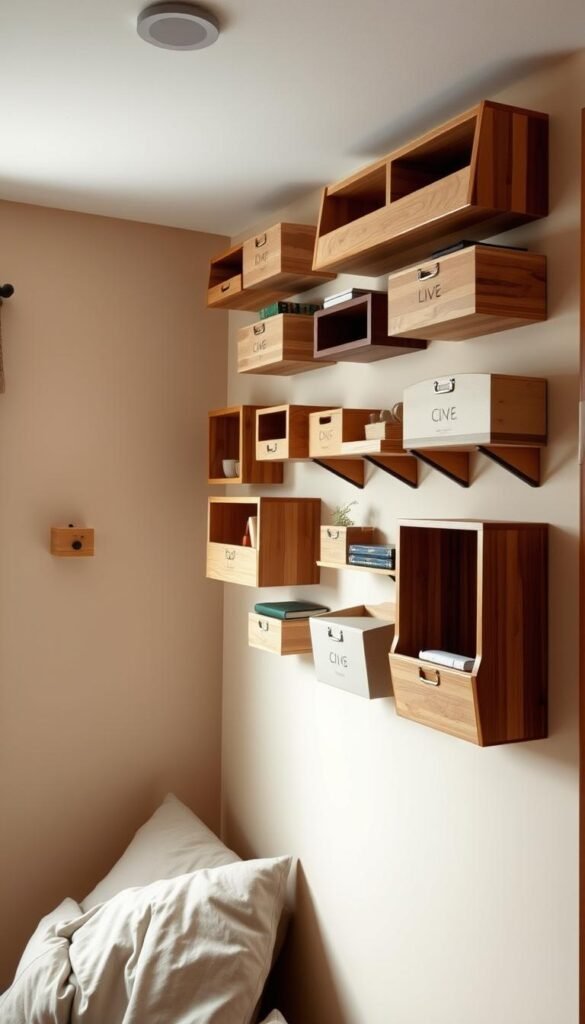 A cozy, well-lit room with an assortment of small, wall-mounted storage containers in various shapes and sizes. The containers are organized neatly, showcasing their practical and decorative potential for maximizing limited space. The walls are adorned with a neutral, warm-toned color palette, complementing the natural wood tones of the storage units. Soft, diffused lighting casts a gentle glow, highlighting the textures and materials of the containers. The overall atmosphere is one of efficient, yet stylish, space optimization, inspiring viewers to consider similar solutions for their own small-space living.