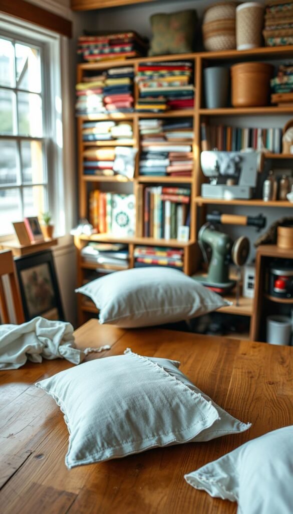 A cozy, well-lit sewing studio, with a wooden table in the foreground showcasing the step-by-step process of creating a handmade pillow. Intricate close-up shots of the fabric being pinned, sewn, and stuffed, highlighting the delicate details of the stitching and the careful hand-crafted techniques. In the background, shelves displaying an array of vibrant fabric swatches, sewing supplies, and a vintage sewing machine adding to the artisanal ambiance. The overall scene conveys a sense of focus, creativity, and the satisfaction of crafting a unique, eco-friendly home decor piece.