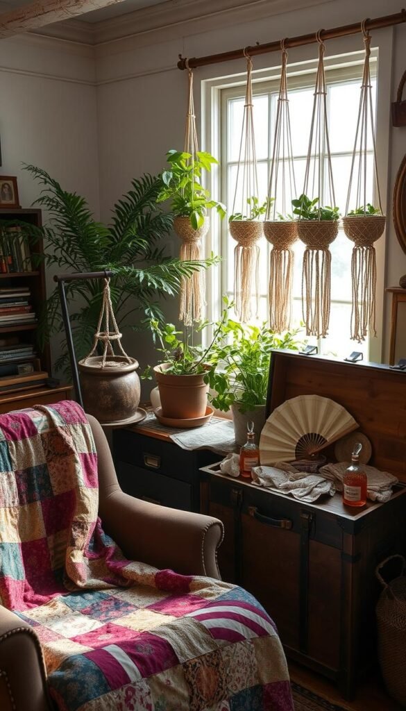 A cozy, well-lit studio filled with a carefully curated collection of vintage textiles and accessories. In the foreground, a plush velvet armchair draped with a vibrant patchwork quilt, complemented by a rustic wooden side table displaying an array of antique glass perfume bottles and delicate lace fans. The middle ground features a vintage steamer trunk, its weathered exterior contrasting with the soft, antique floral fabrics spilling out from its open lid. In the background, a lush potted fern casts gentle shadows over a row of hanging macrame plant holders, each adorned with delicate, aged macrame. The overall scene exudes a warm, nostalgic atmosphere, inviting the viewer to imagine the stories behind these cherished vintage finds.