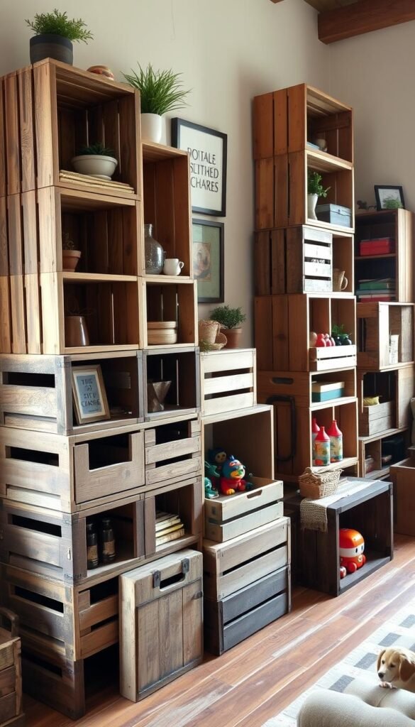 A cozy, well-lit studio setting with reclaimed wooden crates stacked and arranged in various creative storage configurations. The crates have a rustic, weathered appearance, hinting at their past life. In the foreground, a thoughtfully curated display showcases the crates repurposed as shelves, organizers, and decorative elements. The middle ground features additional crates used as side tables, toy storage, and other functional pieces. The background subtly hints at the overall living space, with hints of warm, natural lighting and earthy tones that complement the wood tones. The composition emphasizes the versatility and charm of the reclaimed wood crates, inspiring viewers to consider similar storage and organization ideas for their own spaces.