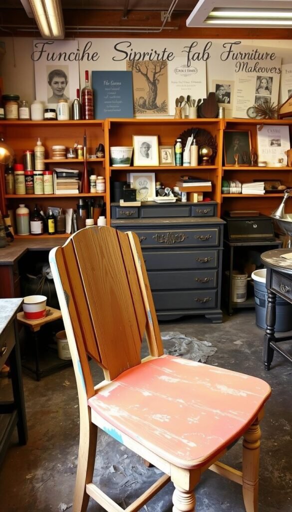 A cozy, well-lit workshop filled with a variety of furniture pieces in various stages of makeover. In the foreground, a weathered wooden chair is being sanded and refinished, its new vibrant paint color taking shape. In the middle ground, a vintage dresser is adorned with intricate stenciling and antique brass hardware, transforming its drab exterior. Shelves in the background display an array of painting supplies, brushes, and inspiring mood boards, conveying a sense of creative energy. Warm, soft lighting casts a gentle glow, highlighting the textures and colors of the furniture pieces. The overall atmosphere evokes a blend of rustic charm and modern sophistication, perfectly capturing the essence of "From Drab to Fab: Furniture Makeovers".
