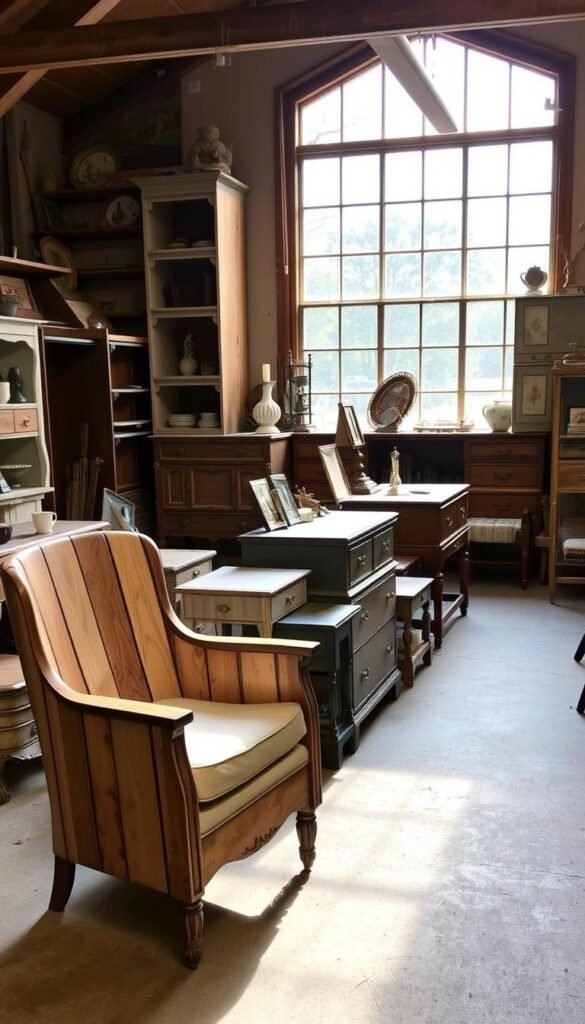 A cozy, well-lit workshop interior with an array of reclaimed, vintage furniture pieces carefully arranged for inspiration. In the foreground, a beautifully restored wooden armchair stands, its weathered finish gleaming under the warm lighting. In the middle ground, a collection of mismatched side tables, dressers, and shelves are displayed, each with unique character and potential for upcycling. The background features a large window that floods the space with natural light, casting a soft glow on the eclectic assortment of furniture. The overall atmosphere is one of creativity, possibility, and a celebration of the beauty in the imperfect and repurposed.