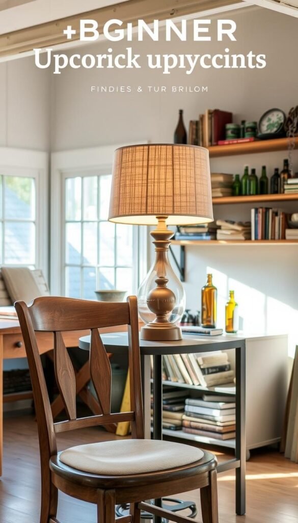 A cozy, well-lit workshop showcasing beginner upcycling projects. In the foreground, a refurbished wooden chair with a fresh coat of paint and new seat cushion. In the middle ground, a repurposed table lamp with a textured linen shade. In the background, a bookshelf displays various decorative items made from repurposed materials - glass bottles, tin cans, and old books. Soft, natural lighting filters through large windows, casting a warm, inviting glow. The overall scene conveys a sense of creativity, sustainability, and the joy of transforming ordinary objects into something unique and beautiful.
