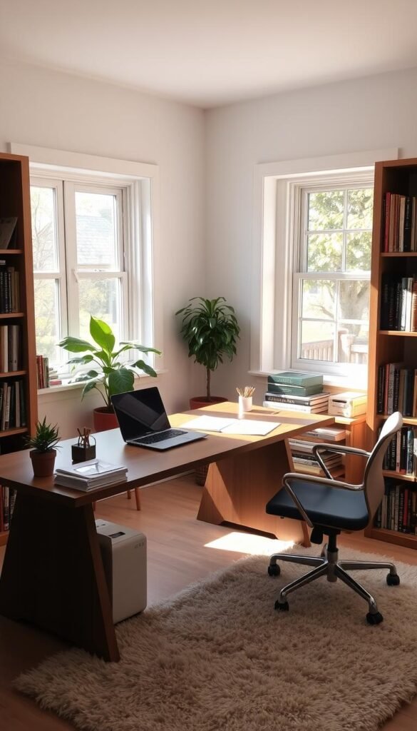 A cozy, well-organized home office with minimal clutter. Sunlight streams through large windows, illuminating a sleek wooden desk with a laptop, pen holder, and a neatly stacked pile of papers. Bookshelves line the walls, their contents carefully curated. A potted plant adds a touch of greenery, and a plush area rug grounds the space. The overall atmosphere is one of efficiency and tranquility, inspiring productivity and a sense of calm.