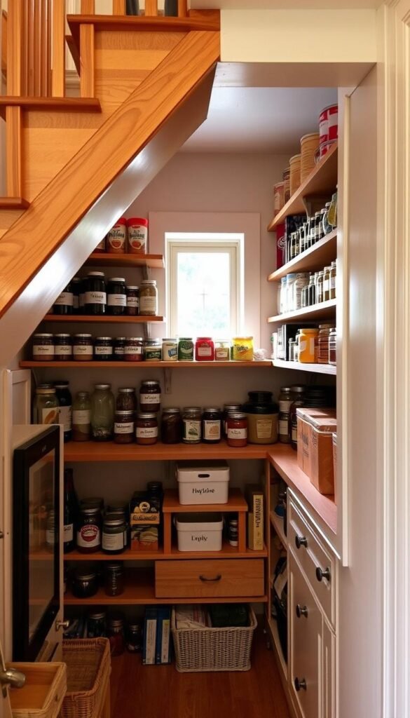 A cozy, well-organized kitchen pantry nestled neatly under a staircase. The shelves are filled with an array of neatly labeled jars, cans, and packages, creating a visually appealing and practical storage solution. Warm, natural lighting filters in through a small window, casting a soft glow on the wooden shelves and built-in drawers. The space is meticulously arranged, with each item carefully placed for maximum efficiency. The overall atmosphere is one of order, functionality, and a touch of rustic charm, perfectly complementing the home's overall aesthetic.