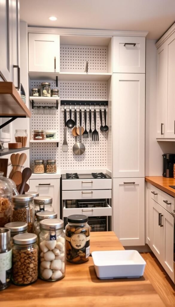A cozy, well-organized kitchen with custom built-in storage solutions. The foreground showcases a series of neatly arranged glass jars, spice racks, and modular containers on a wooden countertop. The middle ground features a combination of pull-out drawers, shelves, and a pegboard system for hanging utensils and cookware. In the background, sleek cabinetry with minimalist hardware blends seamlessly into the neutral color palette, creating a harmonious and functional space. The scene is illuminated by warm, diffused lighting, emphasizing the clean, clutter-free aesthetic. The overall atmosphere conveys a sense of efficiency, practicality, and a streamlined approach to kitchen organization.