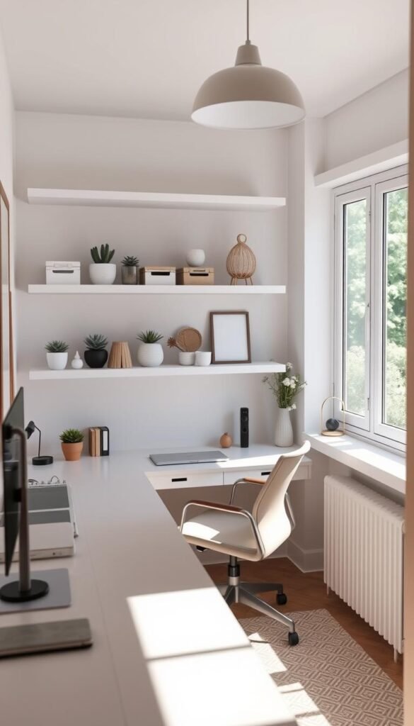 A cozy, well-organized small home office with minimalist, Scandinavian-inspired decor. The foreground features an L-shaped desk with sleek, white floating shelves above, showcasing neatly arranged storage containers, succulents, and decorative accents. The middle ground has a comfortable, ergonomic office chair in a neutral tone. The background depicts a bright, natural-lit room with large windows overlooking a lush, verdant garden. Soft, diffused lighting from a modern, pendant lamp creates a warm, productive atmosphere. The overall composition emphasizes the efficient use of limited space through thoughtful, stylish storage solutions.
