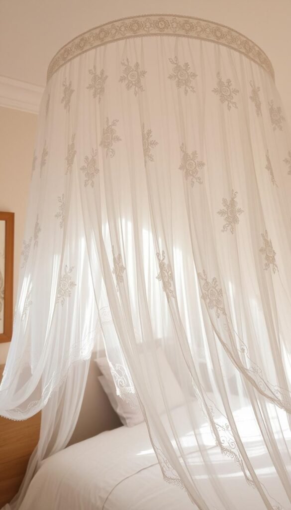 A delicate, gauzy lace mosquito net canopy, cascading from the ceiling in ethereal layers. Soft, diffused natural lighting filters through the sheer fabric, casting a warm, romantic glow. The canopy gently sways, creating a mesmerizing, dreamlike ambiance. Intricate floral patterns adorn the lace, adding a touch of whimsy. The canopy's voluminous silhouette frames the bed, creating a serene, cocoon-like sanctuary. Wispy tendrils of the net tumble softly to the floor, completing the enchanting, fairytale-inspired scene.