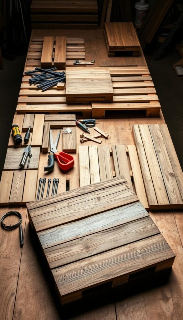 A detailed, well-lit construction guide for building a pallet wood project. A neatly organized array of pallet boards, tools, and hardware laid out on a workbench. The composition features the pallet pieces from various angles, showcasing their weathered textures and natural grain patterns. Soft, directional lighting casts dramatic shadows, emphasizing the dimensional qualities of the materials. The overall mood is one of informative clarity, inviting the viewer to envision the step-by-step process of assembling a rustic, DIY pallet furniture piece. The image avoids distracting backgrounds, keeping the focus on the essential construction elements.