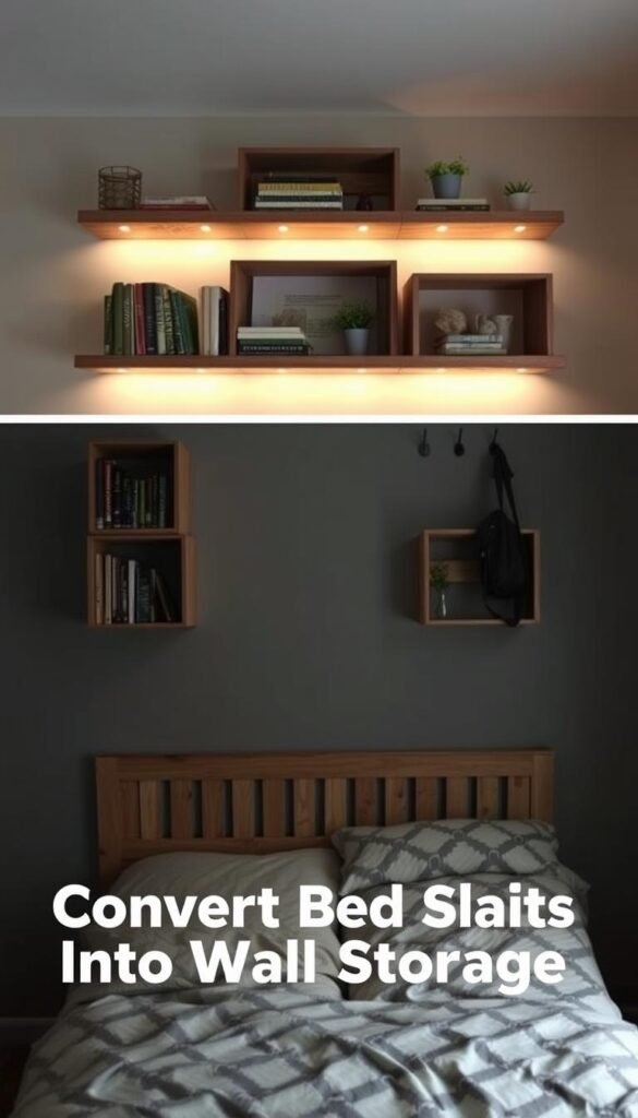A dimly lit bedroom with a DIY wall storage solution made from repurposed bed slats. In the foreground, the wooden slats are artfully arranged to create shelves, cubbies, and hooks, providing practical and visually appealing storage for books, plants, and personal items. The middle ground features a minimalist, neutral-toned bedframe and linens, complementing the rustic charm of the wall storage. The background showcases a soft, warm lighting that casts a cozy glow, accentuating the textural details of the wooden slats. The overall scene exudes a sense of organized tranquility, perfectly capturing the essence of "Convert Bed Slats Into Wall Storage" for small spaces.
