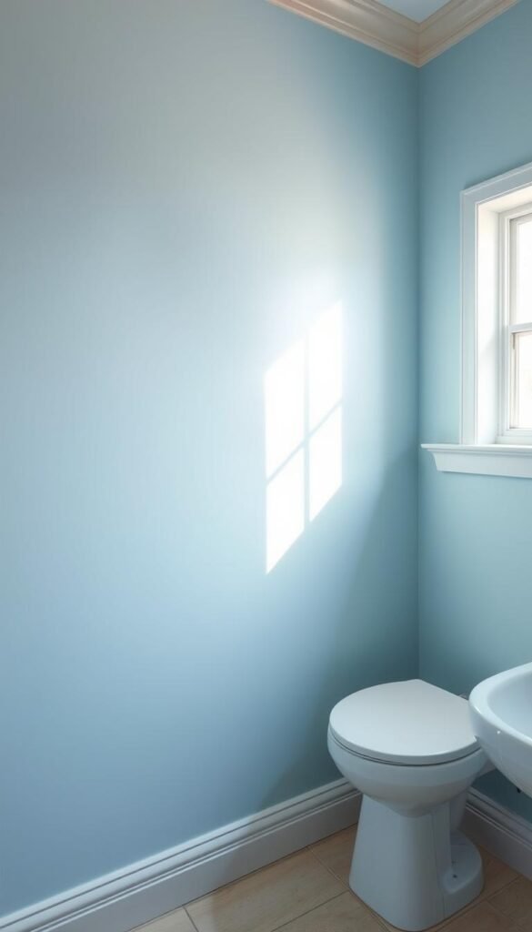 A freshly painted bathroom wall in a warm, inviting tone of pale blue, with a subtle sheen reflecting the gentle natural lighting from a window. The paint is lusciously smooth, newly applied with meticulous care, creating a sense of crisp cleanliness and rejuvenation. The edges are meticulously defined, the lines sharp and precise. The overall composition emphasizes the transformation from a tired, outdated surface to a revitalized, vibrant backdrop, ready to elevate the entire space with a renewed sense of freshness and possibility. A freshly painted bathroom wall in a warm, inviting tone of pale blue, with a subtle sheen reflecting the gentle natural lighting from a window. The paint is lusciously smooth, newly applied with meticulous care, creating a sense of crisp cleanliness and rejuvenation. The edges are meticulously defined, the lines sharp and precise. The overall composition emphasizes the transformation from a tired, outdated surface to a revitalized, vibrant backdrop, ready to elevate the entire space with a renewed sense of freshness and possibility.