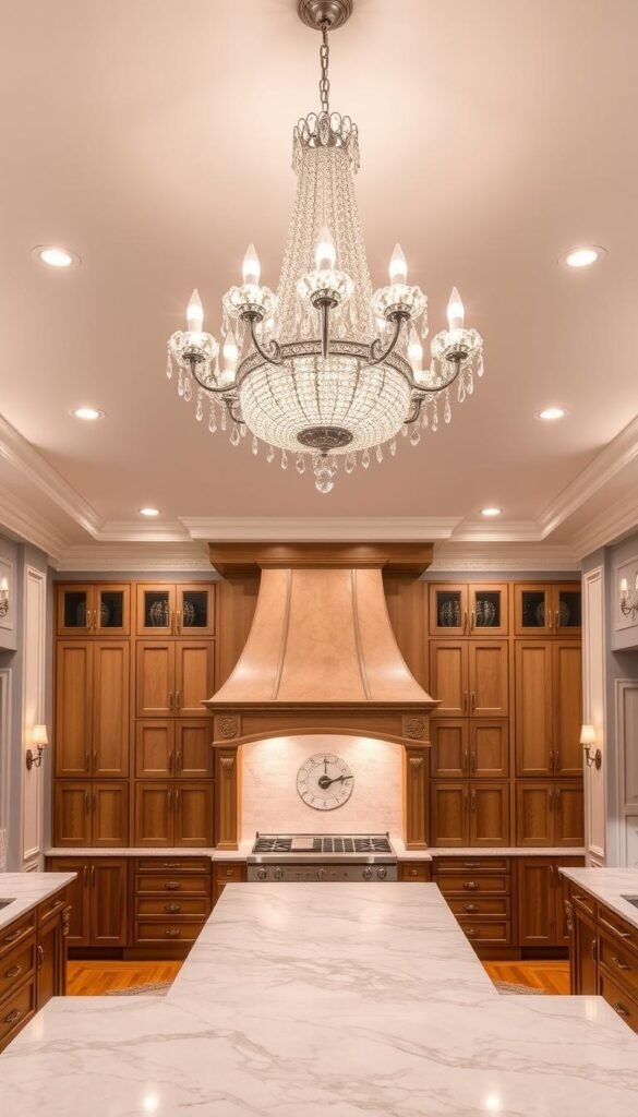 A grand, ornate kitchen with an elegant lighting design. The focal point is a magnificent crystal chandelier that casts a warm, inviting glow across the room. Flanking the chandelier are two rows of sleek, brushed-nickel pendant lights that illuminate the pristine marble countertops and custom wood cabinetry. Recessed lighting in the ceiling creates a subtle ambiance, while understated sconces along the walls provide subtle accent lighting. The overall effect is one of refined sophistication, where form and function seamlessly merge to create a truly captivating space.