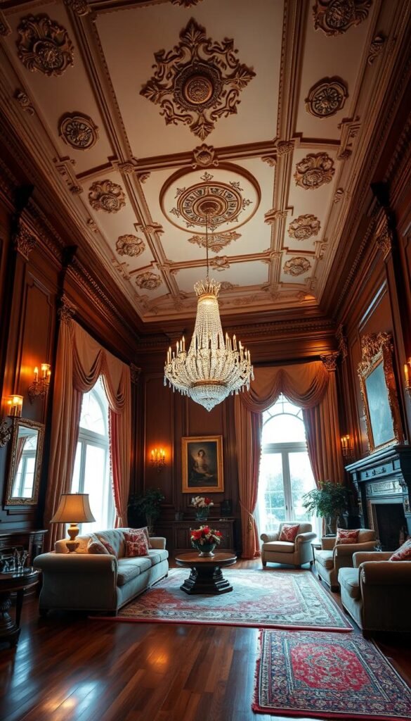A grand, ornate living room with traditional wall and ceiling decor. Elegant crown moldings and intricate plaster carvings adorn the high ceilings, casting warm, soft lighting. The walls are paneled in rich, dark-stained wood, accented with gilded framed artwork and mirrored sconces. Lush, heavy curtains frame the windows, creating a cozy, inviting atmosphere. The room is lit by a magnificent crystal chandelier, its reflections dancing on the polished hardwood floors. Luxurious, patterned rugs and plush, tufted furniture complete the traditional, sophisticated ambiance.