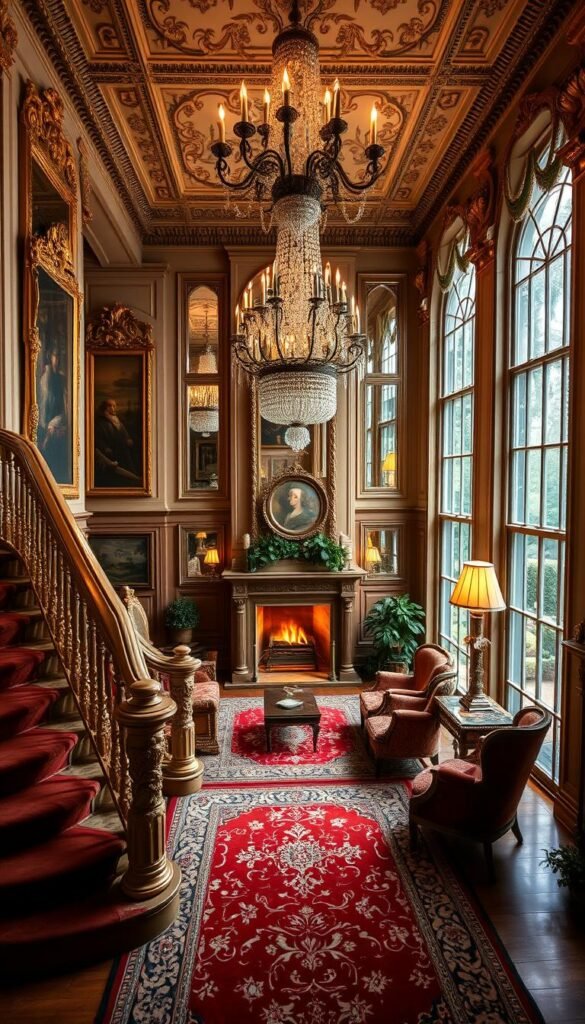 A grand staircase leads to a majestic formal living room, its opulent history etched in ornate moldings, crystal chandeliers, and plush velvet furnishings. Gilded mirrors reflect the warm glow of a crackling fireplace, casting a timeless elegance upon the scene. Antique Persian rugs and intricate tapestries adorn the space, while towering windows frame a picturesque view of a lush, manicured garden. This captivating tableau transports the viewer to a bygone era of refined sophistication and enduring grandeur, a foundation for the ultimate in classic living room design.