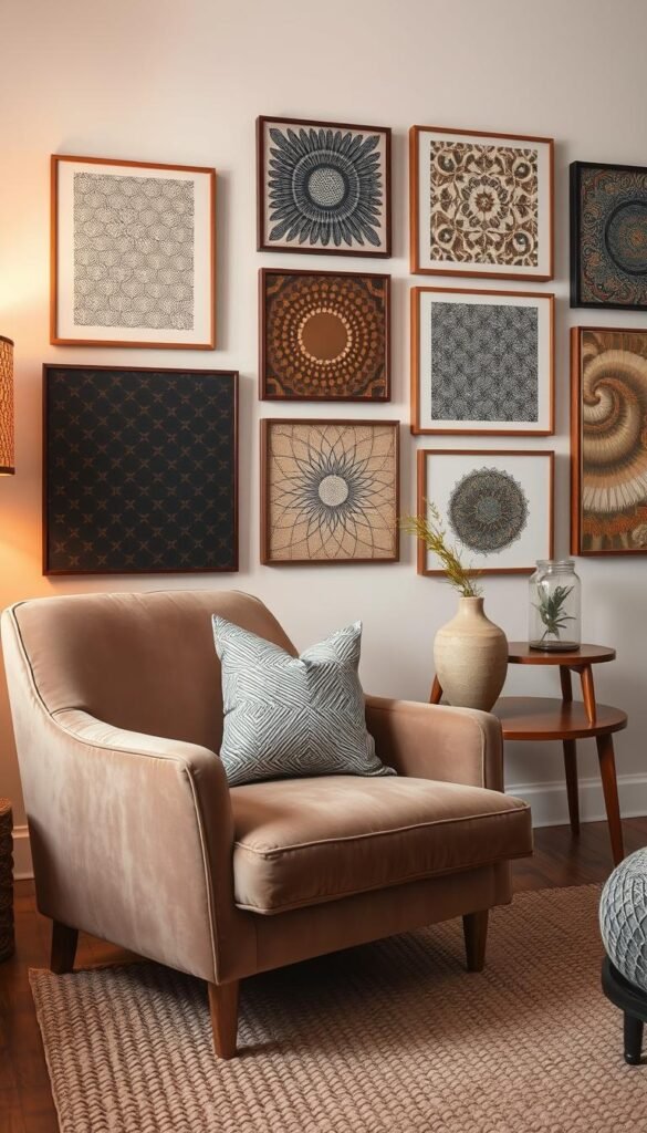 A harmonious blend of diverse patterns and textures, creating a visually captivating and inviting ambiance. In the foreground, a plush velvet armchair with a subtly patterned cushion nestled amidst a cozy woven rug. The middle ground features a sleek, wooden side table adorned with a tactile ceramic vase and a decorative glass jar filled with natural elements. In the background, a gallery wall showcases an array of framed artwork, each piece showcasing a unique pattern or texture that seamlessly complements the overall aesthetic. Warm, diffused lighting casts a soft, inviting glow, highlighting the interplay of materials and hues. The overall composition conveys a sense of balance, sophistication, and a harmonious blending of diverse design elements.
