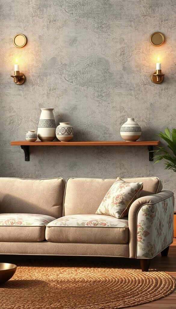 A high-resolution interior design illustration showcasing a harmonious blend of diverse patterns and textures. In the foreground, a plush velvet sofa with an intricate floral motif sits atop a woven jute rug. In the middle ground, wooden shelves display ceramic vases with hand-painted geometric designs, complemented by a luxurious silk throw pillow. The background features a textured concrete wall, accentuated by the warm glow of sconces casting a soft, atmospheric lighting. The overall composition creates a visually compelling and inviting living space that exemplifies the seamless integration of patterns and textures in interior design.