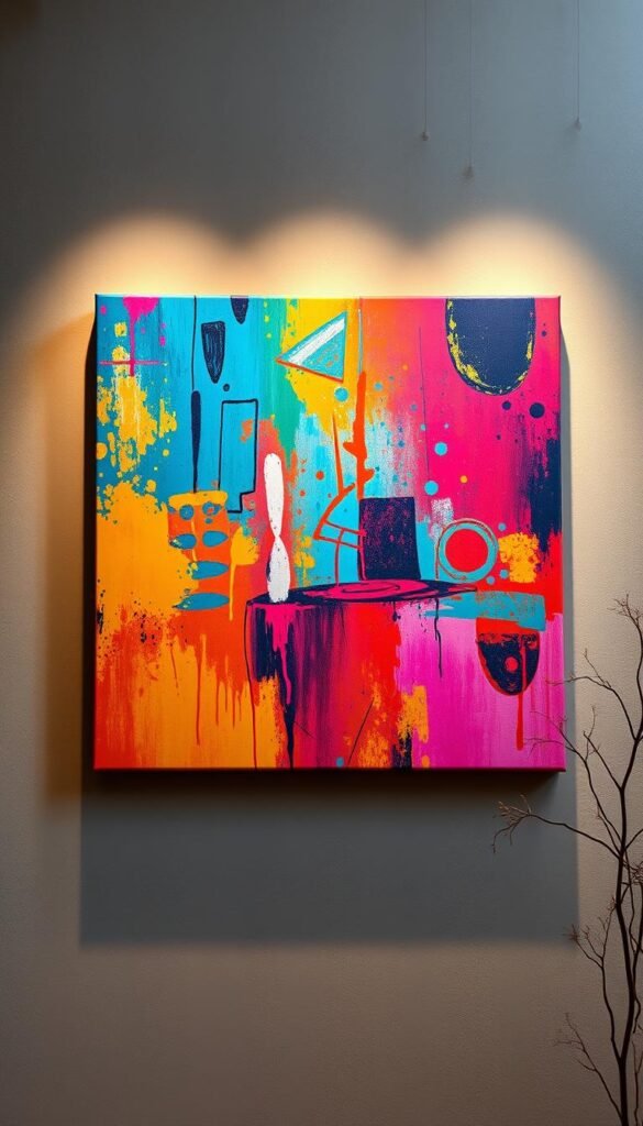A large, colorful canvas dominates the scene, its abstract boho-inspired patterns and textures bursting with vibrant hues. The canvas is suspended against a muted, earthy backdrop, casting a soft, warm glow from carefully placed lighting. The canvas fills the frame, commanding attention and creating a dramatic, impactful focal point. Delicate, wispy plant life frames the edges, adding a touch of organic, nature-inspired flair. The overall atmosphere is one of eclectic, bohemian elegance, perfectly suited to adorn a creative gallery wall.