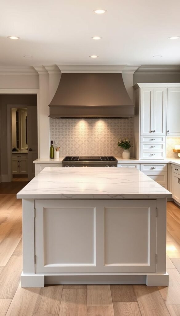 A large, custom-designed kitchen island with a sleek, marble countertop sits prominently in the center of a classic, yet modern kitchen. The island features a clean, minimalist design with subtle, brushed-metal hardware accents. Warm, recessed lighting illuminates the surface, casting a soft, inviting glow. The kitchen's neutral color palette of white, gray, and wood tones creates a timeless, sophisticated ambiance. The island's generous size and central placement make it a true focal point, complementing the stately range hood above. This statement feature reflects the perfect balance of traditional and contemporary design elements, seamlessly integrating into the "Classic Kitchen Decor with Modern Touches" aesthetic.