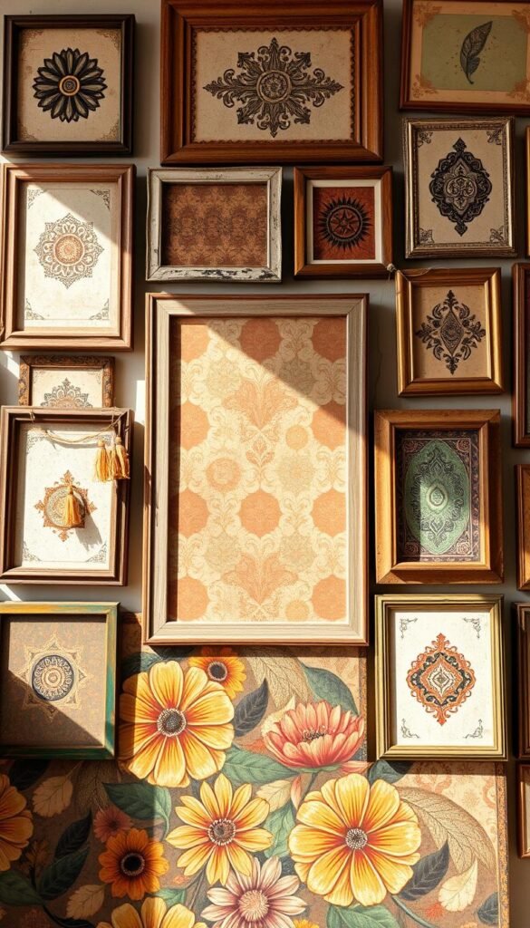 A lively array of vintage-inspired boho prints in an eclectic gallery wall. The foreground features a bold floral pattern in earthy tones, complemented by abstract geometric shapes and paisley designs in the middle ground. The background showcases a mix of textured, weathered frames in a variety of sizes and shapes, creating a harmonious, bohemian atmosphere. Soft, natural lighting casts a warm, inviting glow, adding depth and dimension to the diverse patterns and textures. The overall composition exudes a sense of effortless, lived-in charm, blending the old and the new in a visually captivating display.
