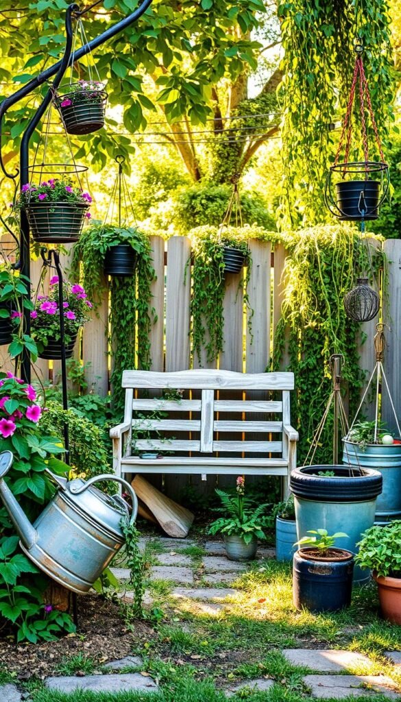 A lush, backyard oasis filled with whimsical DIY garden decor projects. In the foreground, a repurposed watering can overflows with cascading vines and vibrant flowers. Towering tomato cages are adorned with hanging baskets and wire sculptures. In the middle ground, a weathered wooden bench is nestled between upcycled planters made from old tires and galvanized buckets. The background features a rustic fence draped with trailing greenery, creating a charming, natural backdrop. Warm, golden sunlight filters through the foliage, casting a soft, inviting glow over the entire scene. An atmosphere of creativity, sustainability, and peaceful tranquility permeates the image.