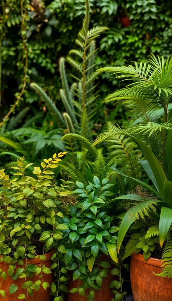 A lush, bohemian oasis filled with verdant foliage. In the foreground, a collection of potted plants in varying shades of green, their leaves cascading elegantly. Trailing vines and delicate ferns accentuate the natural, free-flowing aesthetic. In the middle ground, a mix of tall, architectural plants, their fronds reaching towards the soft, diffused lighting. The background blends seamlessly, with a profusion of leafy greenery, creating a sense of depth and immersion. Warm, golden tones from the overhead lighting bathe the scene, evoking a cozy, inviting atmosphere. The overall composition exudes a harmonious, earthy elegance, perfectly capturing the essence of boho-inspired greenery.