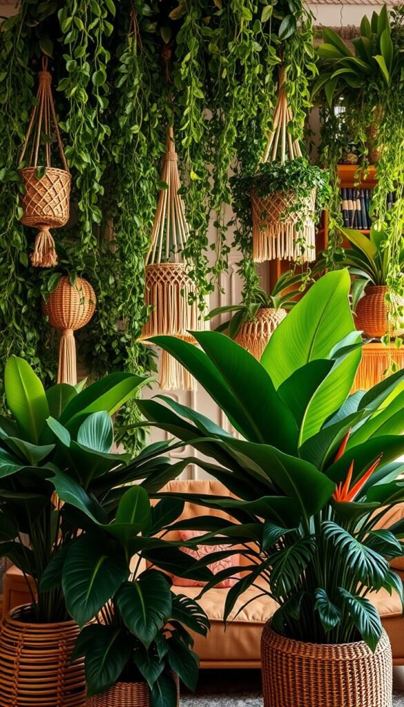 A lush, jungle-inspired boho decor scene. Verdant, trailing vines and fronds of tropical plants cascade from hanging macrame baskets and shelves, creating a lush, layered canopy. In the foreground, large-leafed philodendrons, monstera, and bird of paradise plants rise from rattan and wicker planters, their foliage casting dramatic shadows. Ambient, warm lighting filters through the greenery, evoking a cozy, inviting atmosphere. The overall composition has a naturalistic, organic feel, blending seamlessly with the earthy, textured boho furnishings in the background.