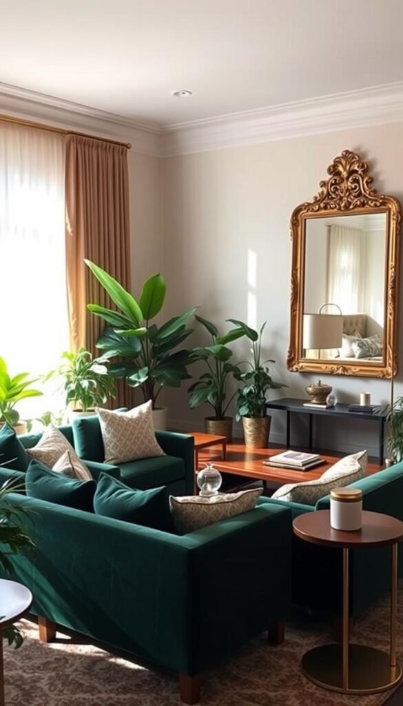 A luxurious and chic living room transformation on a modest budget. A sunlit, spacious room with plush velvet sofas in a rich emerald hue, accented by mid-century modern wooden side tables and a large, ornate mirror framed in burnished gold. Lush potted plants and a cozy reading nook by the window create a sense of warmth and tranquility. The lighting is a mix of natural daylight filtering through sheer curtains and soft, ambient lighting from a stylish brass floor lamp. The overall vibe is one of understated elegance and sophistication, showcasing how thoughtful decor choices can elevate a space without breaking the bank.