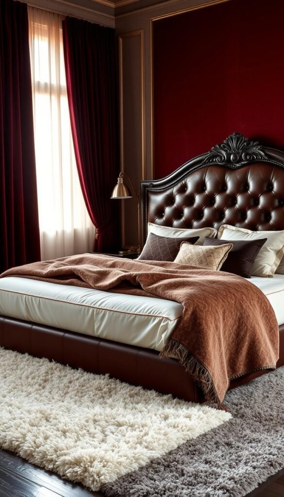 A luxurious, elegant bedroom with rich, textural layers. Soft, plush velvet curtains in a deep burgundy hue frame the window, casting a warm glow. An ornate, tufted headboard in a sumptuous, buttery-soft leather anchors the space, its intricate patterns and stitching catching the light. Layered atop the mattress are decadent, silky-smooth satin sheets and a thick, chenille throw blanket in a complementary neutral tone. Soft, shaggy area rugs in ivory and gray add depth and visual interest underfoot. Carefully placed accent pillows in luxurious fabrics like velvet and brocade complete the cozy, inviting scene. Subtle, ambient lighting creates a serene, relaxing atmosphere.