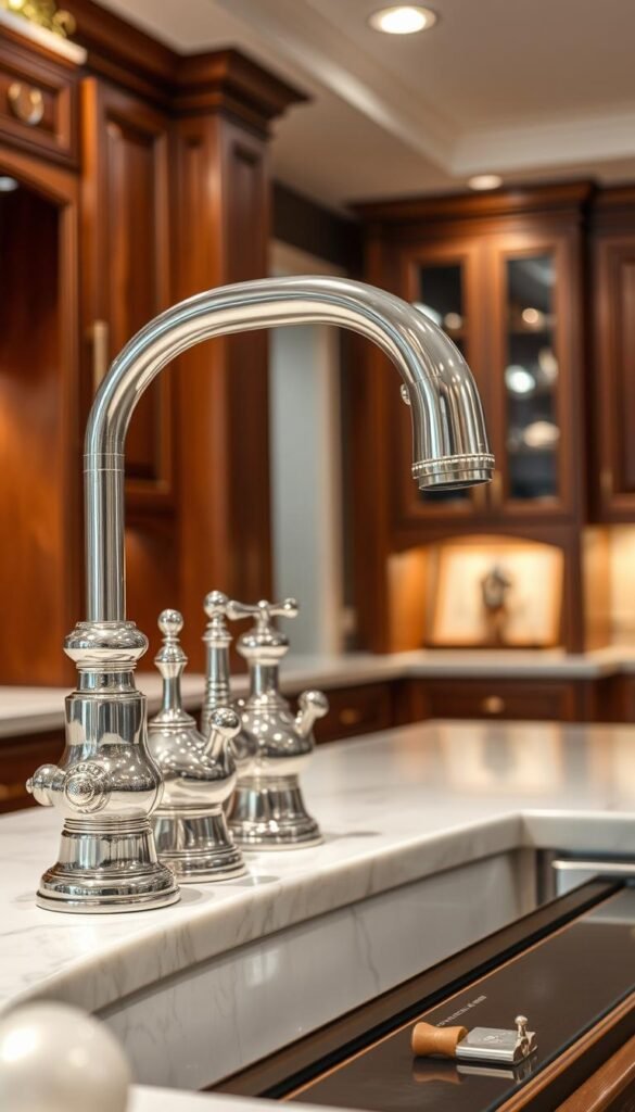 A luxurious kitchen with gleaming chrome and brushed nickel fixtures. The faucet has a graceful swan-neck design, its elegant curves catching the light. Sleek cabinet pulls and knobs in a matching metallic finish adorn the rich wood cabinetry. Intricate, hammered details on the drawer hardware create visual interest. Soft, indirect lighting bathes the scene in a warm, inviting glow, highlighting the fixtures' polished surfaces. The overall impression is one of refined sophistication and timeless style, blending classic elegance with modern functionality.