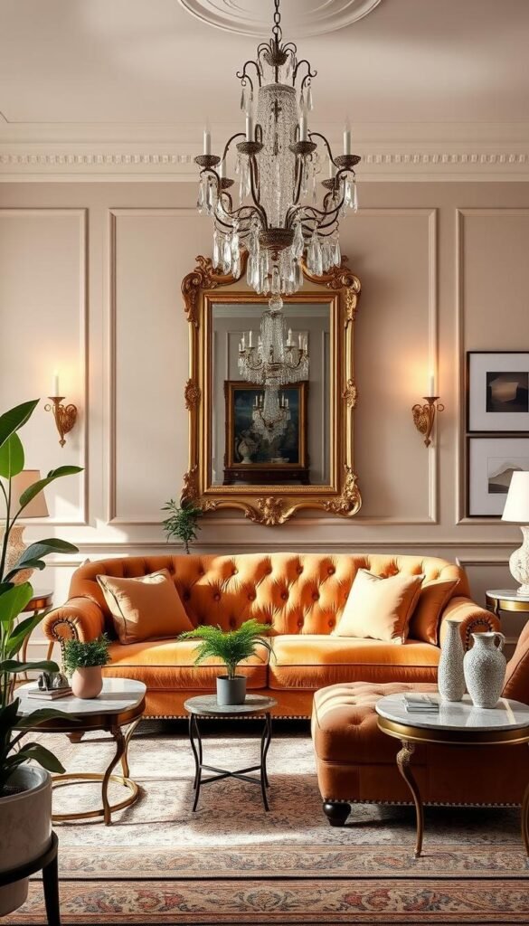 A luxurious living room with a plush velvet sofa, ornate gold-framed mirror, and vintage crystal chandelier bathed in warm, soft lighting. Antique side tables with marble tops and brass accents complement the elegant decor. Lush potted plants add pops of greenery, while a high-quality area rug grounds the space. Minimalist artwork and decorative vases complete the refined, yet budget-friendly aesthetic. The overall mood is one of refined sophistication and effortless style, achieved through thoughtful curation of quality yet affordable pieces.