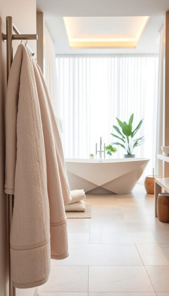 A luxurious, spa-like bathroom setting. In the foreground, plush, oversized bath towels in a soft, neutral color palette - ivory, beige, or light gray - draped artfully over a modern, minimalist towel rack. The towels appear cozy and inviting, their high-quality fabric catching the warm, diffused lighting from above. In the middle ground, a freestanding bathtub with clean, angular lines sits on a natural stone or marble tile floor, surrounded by subtle, decorative accents like potted plants or a small side table. The background features a large window letting in abundant natural light, with sheer curtains billowing softly. An overall atmosphere of tranquility, comfort, and refined elegance.