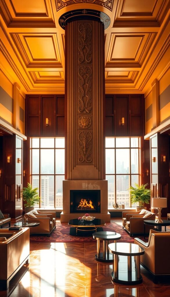A magnificent Art Deco interior, bathed in warm, golden lighting. The foreground features elegant, geometric furniture and decor - sleek, angular lines, rich mahogany tones, and polished chrome accents. In the middle ground, a towering, stepped-back fireplace with intricate bas-relief carvings takes center stage. The background showcases high ceilings with decorative moldings, and floor-to-ceiling windows that offer a panoramic view of a bustling city skyline. The overall atmosphere evokes a sense of sophistication, timeless glamour, and a harmonious blend of modern and vintage elements.