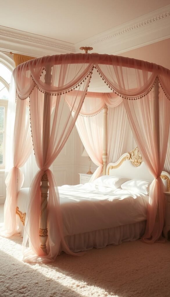 A magnificent, canopy-style bed sits in a sunlit bedroom, its sheer, pink-white fabric draped elegantly from the ornate frame, cascading down the sides and pooling softly on the plush, ivory carpet. Delicate, rose-gold accents adorn the bedposts, while wispy tendrils of gossamer chiffon sway gently in the warm, ambient light. The space exudes a dreamlike, fairy-tale ambiance, inviting the viewer to imagine themselves resting in this enchanting, princess-worthy retreat.