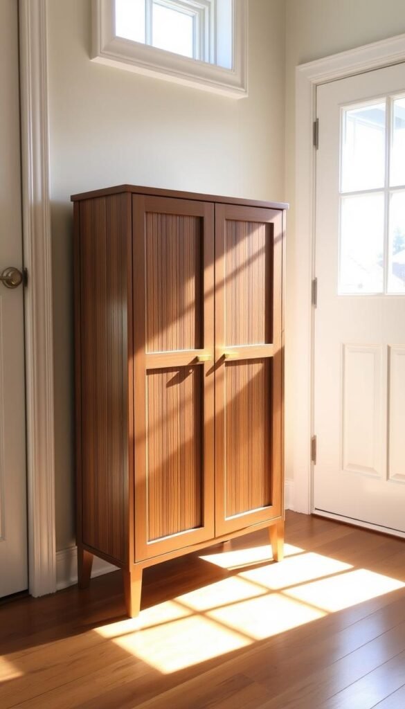 A meticulously crafted IKEA shoe cabinet, its plain facade transformed with the addition of beadboard paneling and gleaming brass pulls. The cabinet stands in a cozy, well-lit entryway, casting warm shadows on the hardwood floor. Natural light streams in through nearby windows, lending a soft, inviting ambiance. The cabinet's slim, space-saving silhouette is offset by the tactile, artisanal details that elevate its humble origins, creating a bespoke storage solution perfect for organized living.