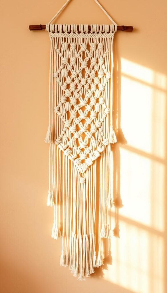 A meticulously crafted macramé wall hanging, its intricate knotted patterns casting gentle shadows across a warm, earthy backdrop. Strands of soft, natural fibers in shades of beige and cream intertwine, creating a captivating boho-chic display. Delicate tassels and fringes adorn the edges, adding a touch of effortless elegance. The lighting is soft and diffused, highlighting the texture and depth of the macramé design. The overall composition evokes a sense of tranquility and a connection to the natural world, perfectly complementing a cozy, bohemian-inspired living space.