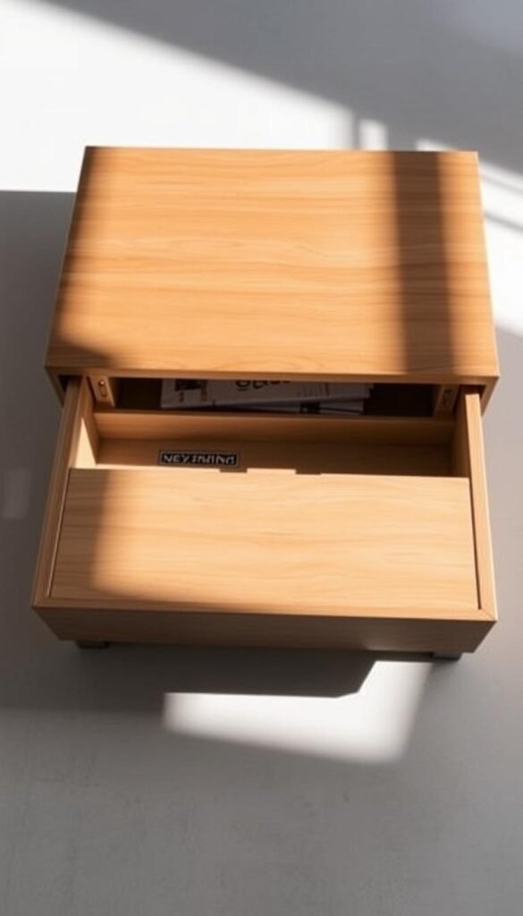 A meticulously crafted modern coffee table with a hidden storage compartment, illuminated by soft, natural lighting. The sleek, minimalist design features a smooth, wood-grain surface and clean lines, seamlessly blending form and function. The storage compartment, accessible by a discreet push-to-open mechanism, offers ample space for magazines, remotes, and other living room essentials, maintaining a clutter-free, sophisticated ambiance. Subtle shadows accentuate the table's depth and materiality, creating a sense of depth and solidity. The overall scene conveys a harmonious, refined aesthetic, highlighting the versatility and hidden potential of this multifunctional furniture piece.
