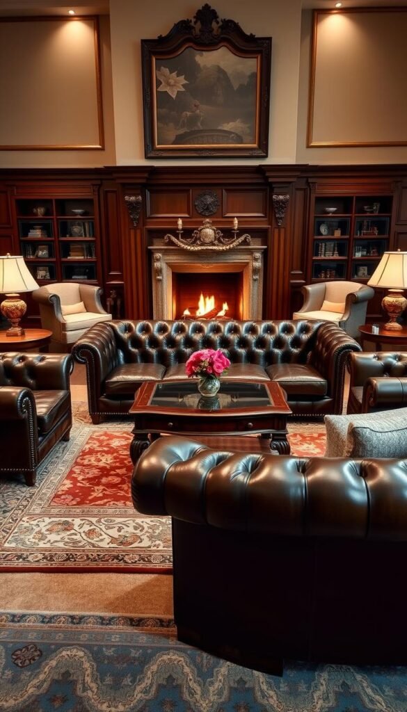 A meticulously curated collection of timeless classic furniture pieces, elegantly arranged in a luxurious living room setting. In the foreground, a stately chesterfield sofa with deep tufted leather upholstery, flanked by a pair of matching wingback chairs. In the middle ground, a mahogany coffee table with a glass top, surrounded by plush area rugs and a finely crafted side table. The background features a grand fireplace with an ornate mantelpiece, casting a warm, inviting glow. Soft, diffused lighting illuminates the scene, creating a cozy and sophisticated ambiance. The overall composition exudes a sense of timeless elegance and refined taste, perfectly capturing the essence of classic living room decor.
