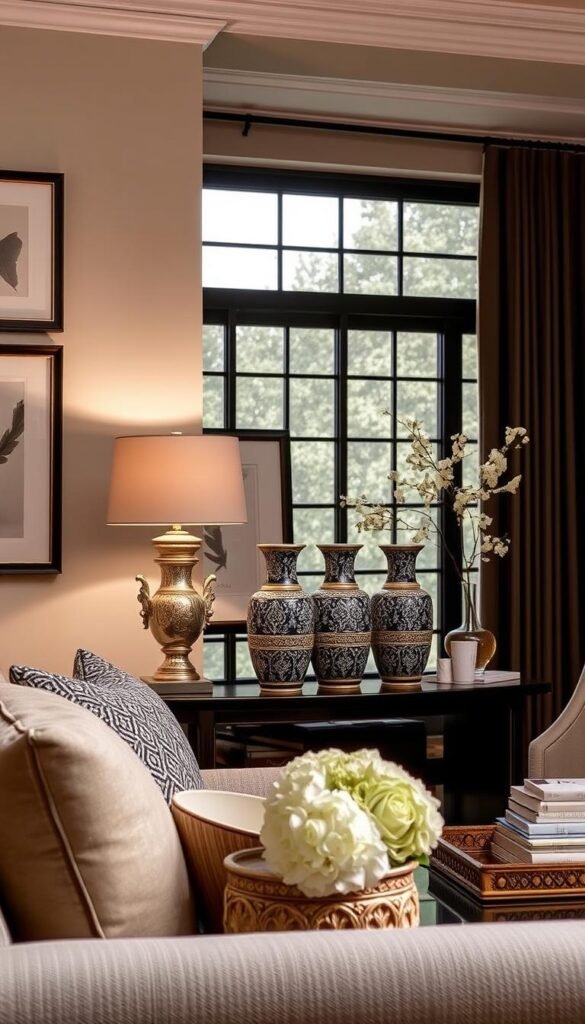 A meticulously curated vignette of refined artwork and decor, capturing the essence of timeless classic living room style. In the foreground, a harmonious arrangement of framed wall art featuring delicate brushstrokes and muted hues, complemented by the soft glow of a classic table lamp. The middle ground showcases a pair of ornate vases adorned with intricate patterns, placed atop a dark, wooden console table. In the background, a large window filters in natural light, casting a warm, inviting ambiance and highlighting the carefully selected accessories, such as a decorative tray and a few carefully placed books. The overall scene exudes a sense of elegance, balance, and understated sophistication.