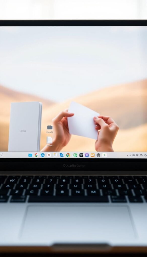 A minimalist and organized digital workspace. In the foreground, a laptop screen displays a clean, decluttered desktop with essential icons and folders. In the middle ground, a person's hands thoughtfully sort through digital files, carefully archiving and deleting unnecessary items. The background features a serene, blurred landscape with a soft, warm lighting, conveying a sense of focus and tranquility. The overall composition suggests a methodical, intentional approach to digital organization, with a calming and rejuvenating atmosphere.