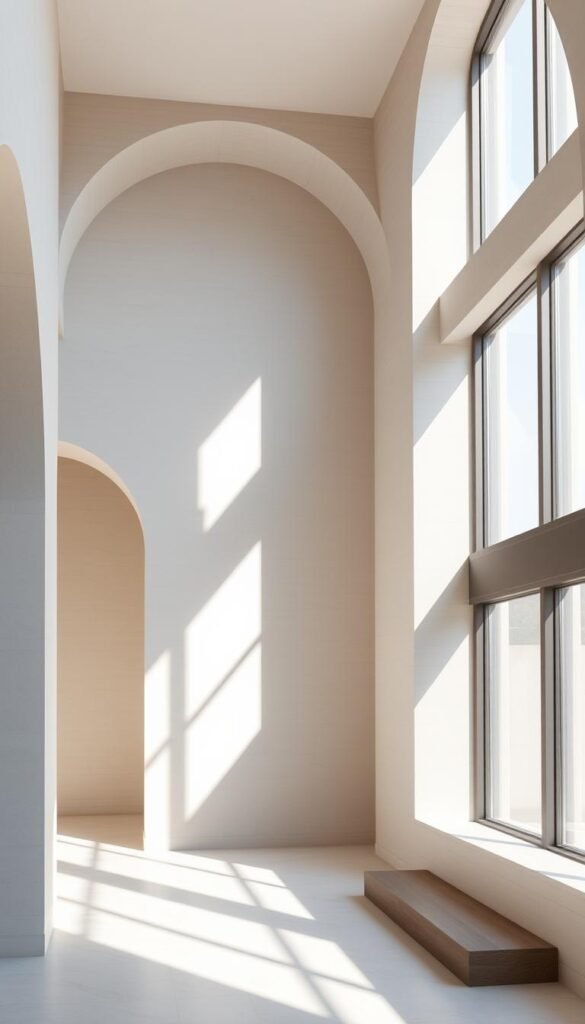 A minimalist arrangement of architectural elements in a neutral color palette. Graceful arches, smooth stone facades, and clean lines create a serene, sophisticated ambiance. Natural lighting streams through large windows, casting subtle shadows that accentuate the geometry. The composition employs a harmonious balance of positive and negative space, with an emphasis on simplicity and restraint. The overall mood is one of tranquility and understated elegance, befitting a refined, contemporary interior design.