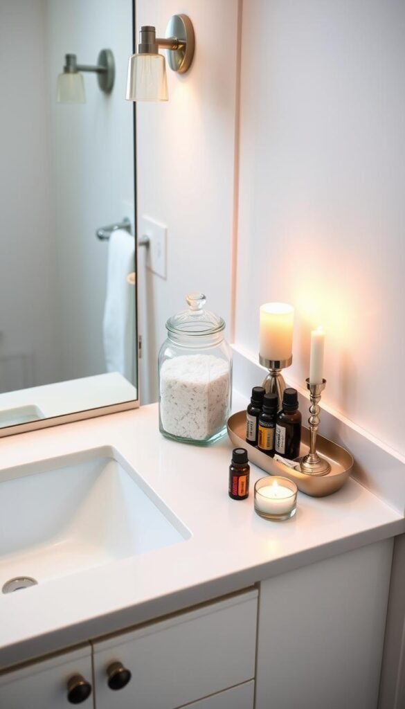 A minimalist bathroom vanity with a clean white countertop, a glass jar filled with aromatherapy bath salts, a small tray holding essential oil bottles, and a pair of scented candles flickering softly. Soft, warm lighting emanates from wall sconces, creating a calming, spa-like ambiance. The scene is captured in a slightly overhead angle, emphasizing the serene, relaxing atmosphere. The overall composition is balanced and uncluttered, reflecting the section's theme of introducing aromatherapy elements to create a tranquil, restorative bathroom setting.