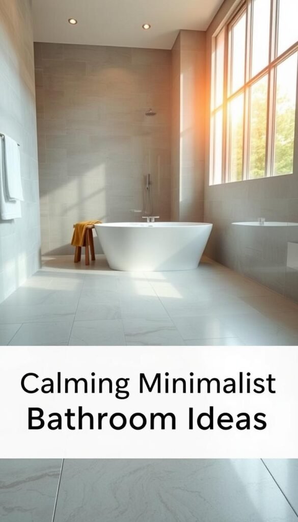 A minimalist bathroom with sleek, modern tile flooring featuring an integrated heating system. The floor tiles are arranged in a simple, geometric pattern, creating a clean and elegant aesthetic. Warm, natural lighting filters in through large windows, casting a soft, soothing glow on the space. The room has a serene, spa-like ambiance, with the heated floors providing a cozy, comfortable underfoot experience. The overall design evokes a sense of tranquility and relaxation, perfectly suited for the "Calming Minimalist Bathroom Ideas" article.