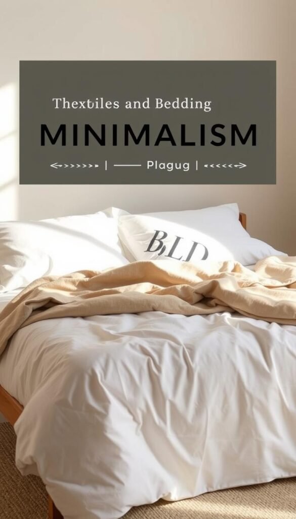 A minimalist bedding setup with crisp, white linen sheets and a neutral-toned, heavyweight quilt or comforter. The bedding is arranged neatly on a low-profile, wooden or metal bed frame, illuminated by warm, diffused lighting from a large window. The overall scene exudes a sense of calm, simplicity, and timeless elegance, creating a serene and inviting atmosphere for the "Textiles and Bedding for Minimalism" section of the article.