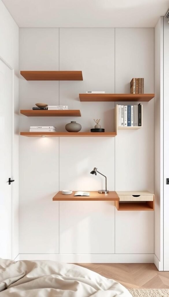 A minimalist bedroom with clean lines and neutral tones. The focal point is a sleek, wall-mounted shelving system that maximizes vertical storage space. Floating shelves in a warm wood tone hold decorative items, books, and task lighting. Below, a compact desk with a slim profile is mounted to the wall, providing a functional work area without taking up valuable floor space. The lighting is soft and diffused, creating a serene, spa-like ambiance. The overall composition emphasizes efficiency, organization, and a sense of openness in the compact room.