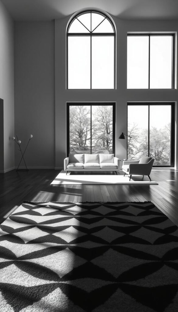 A minimalist black and white interior design scene showcasing the perfect balance of monochrome hues. In the foreground, a geometric patterned rug anchors the composition, its sharp lines and contrasting tones creating a sense of visual harmony. In the middle ground, a sleek, low-profile sofa and chair sit atop a polished hardwood floor, their neutral tones allowing the architectural details to shine. The background features a large, panoramic window that floods the space with natural light, casting dramatic shadows and highlights that accentuate the clean, modern aesthetic. The overall mood is one of sophisticated elegance, where the harmonious interplay of black and white creates a timeless, cohesive design.